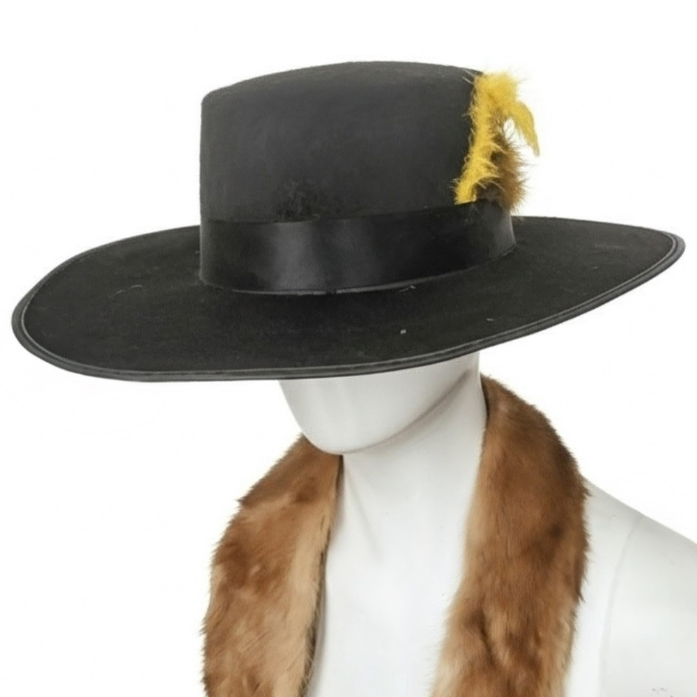 Chic Black Hat with Yellow Feather Accent